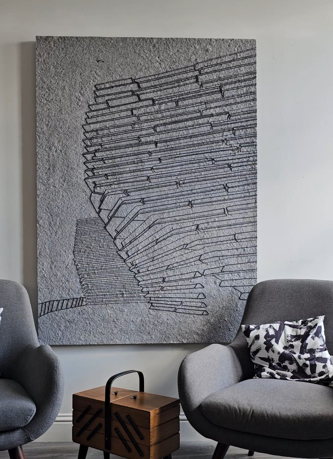 Sandra Junele, 3552, a large grey textile relief with layered architectural lines