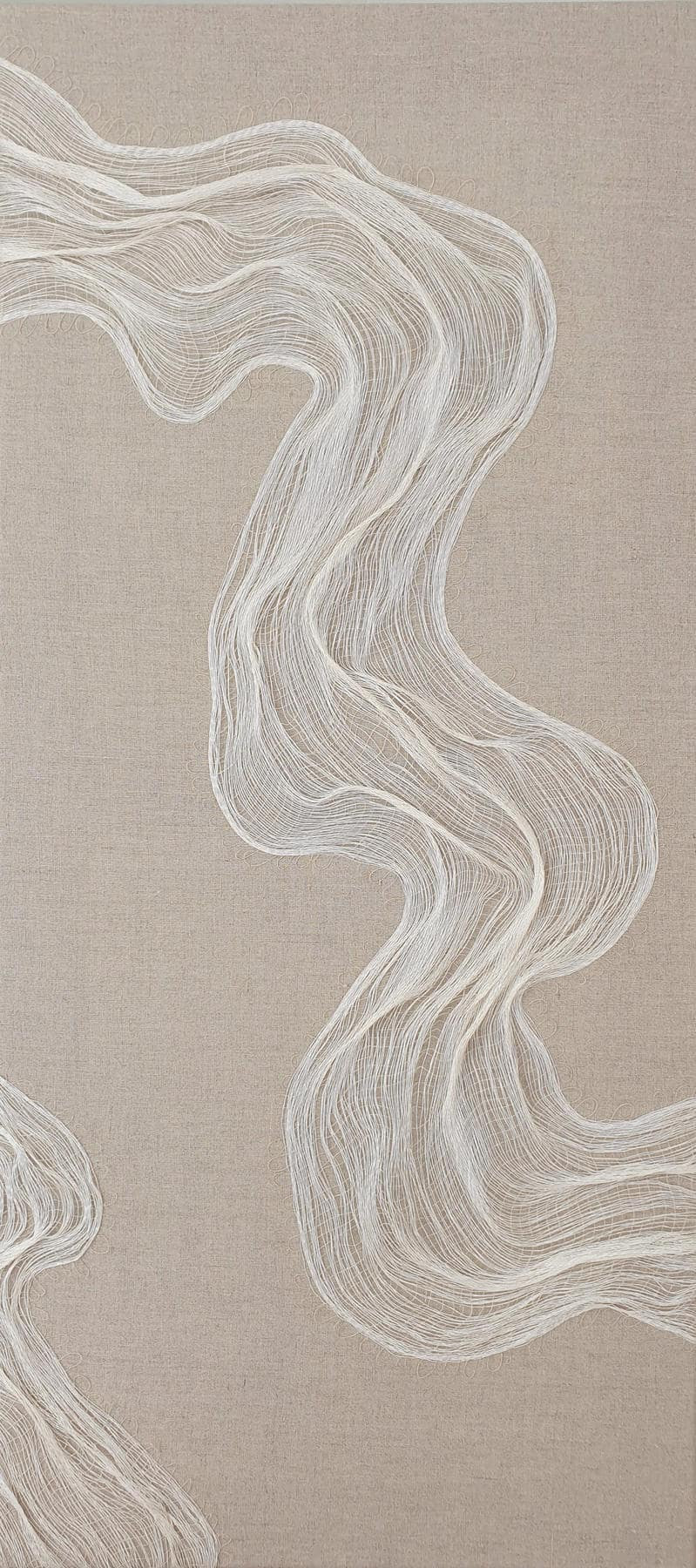 Saskia Saunders, Here in Time III, a vertical linen artwork with fine white flowing lines