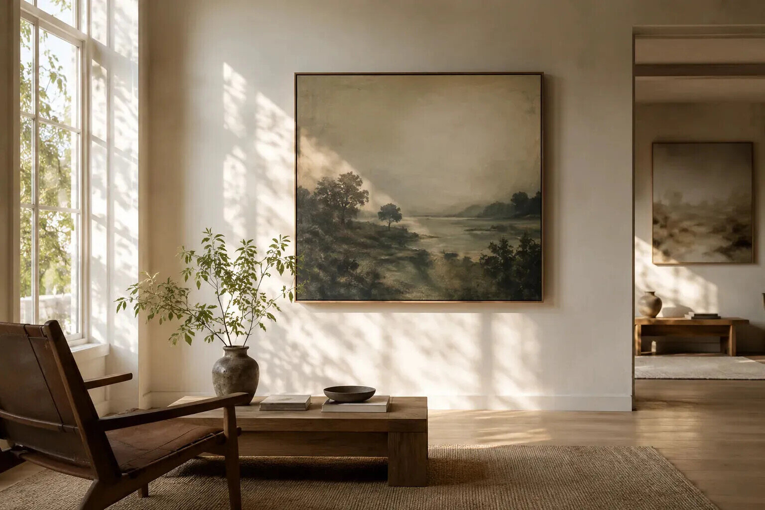 Contemporary artwork hanging in a calm, sunlit interior with natural materials and soft morning light, illustrating the experience of living with art.