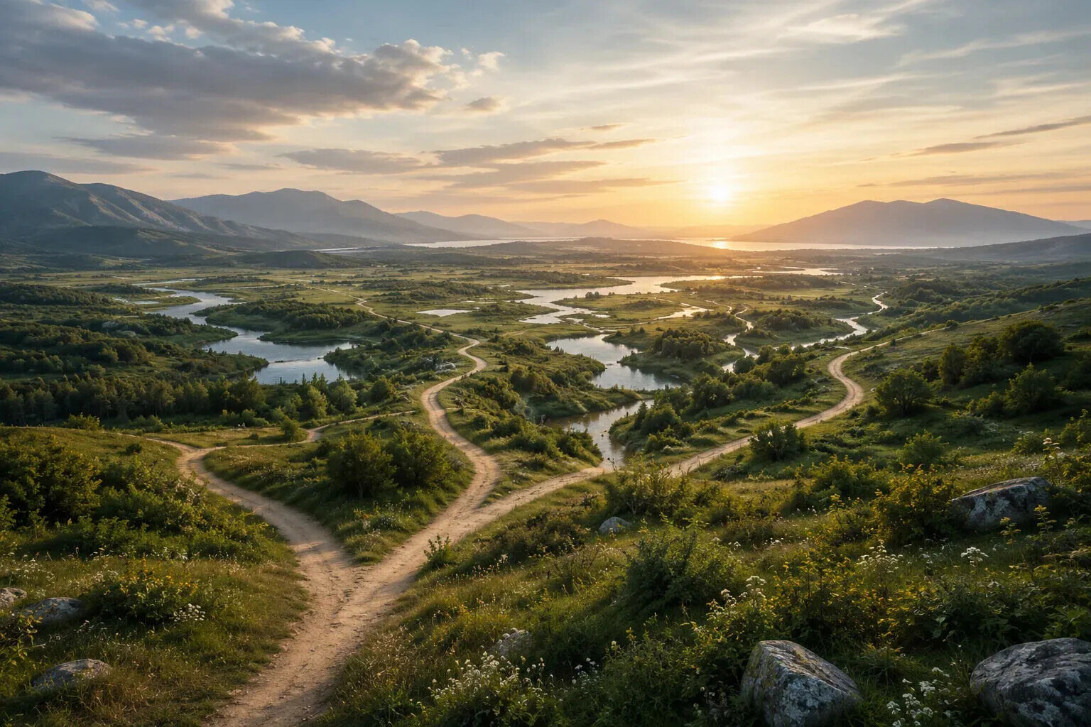 Intersecting pathways through a coastal landscape at dawn, illustrating the many possible futures of sustainable art.