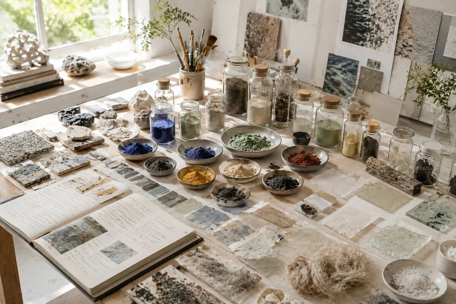 Sunlit artist's studio table displaying pigments, minerals, material samples and experimental substances, illustrating contemporary sustainable art and material research.