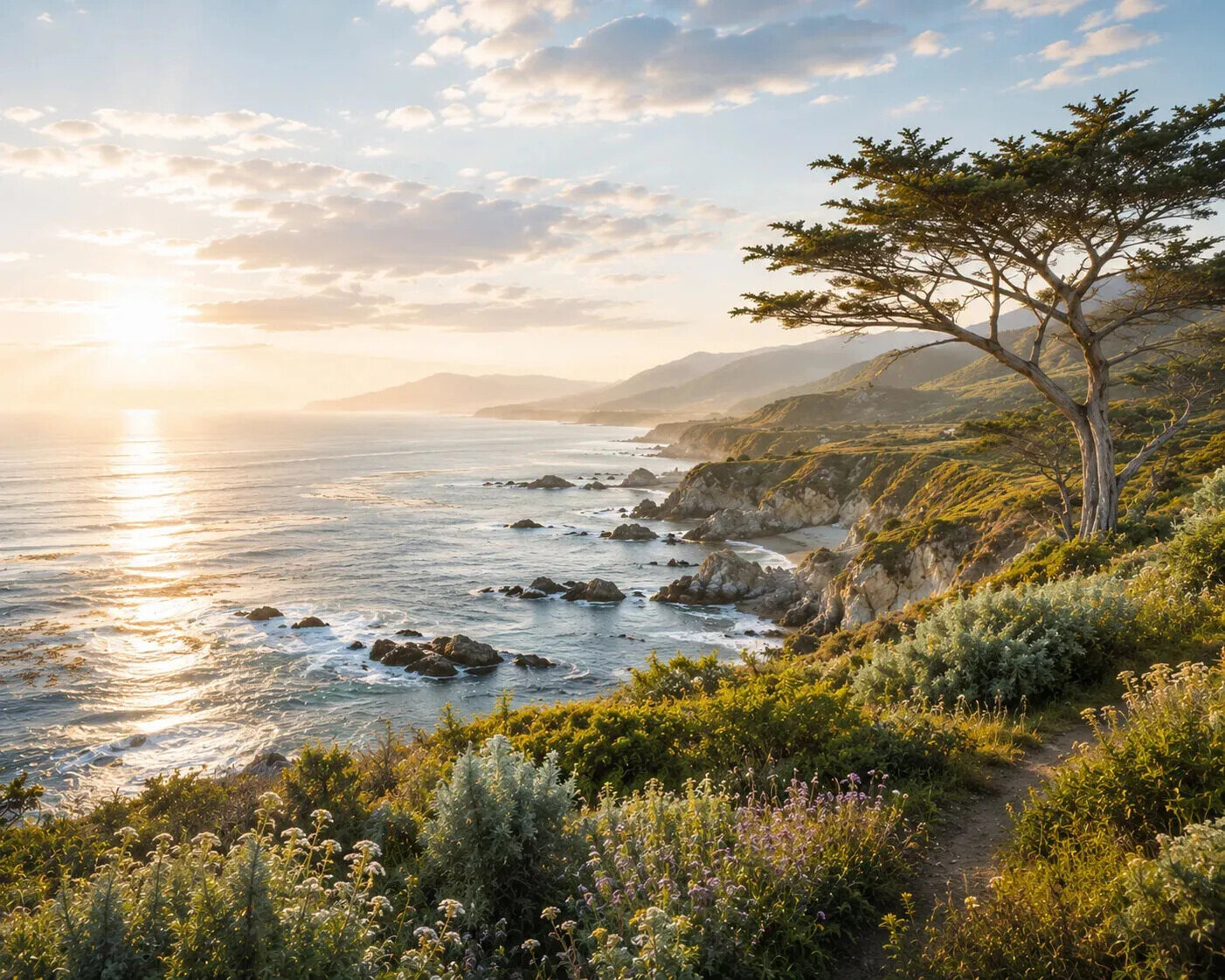 Sunlit coastal landscape with wildflowers, rocky shoreline and distant hills, illustrating ecological interconnectedness and the future of sustainable art.