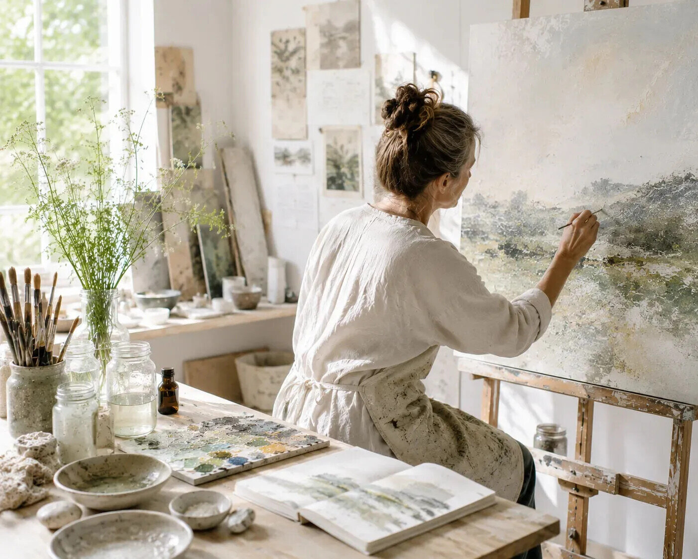 Artist painting in a bright, sunlit studio surrounded by works in progress, illustrating slow making, creativity and sustainable artistic practice.