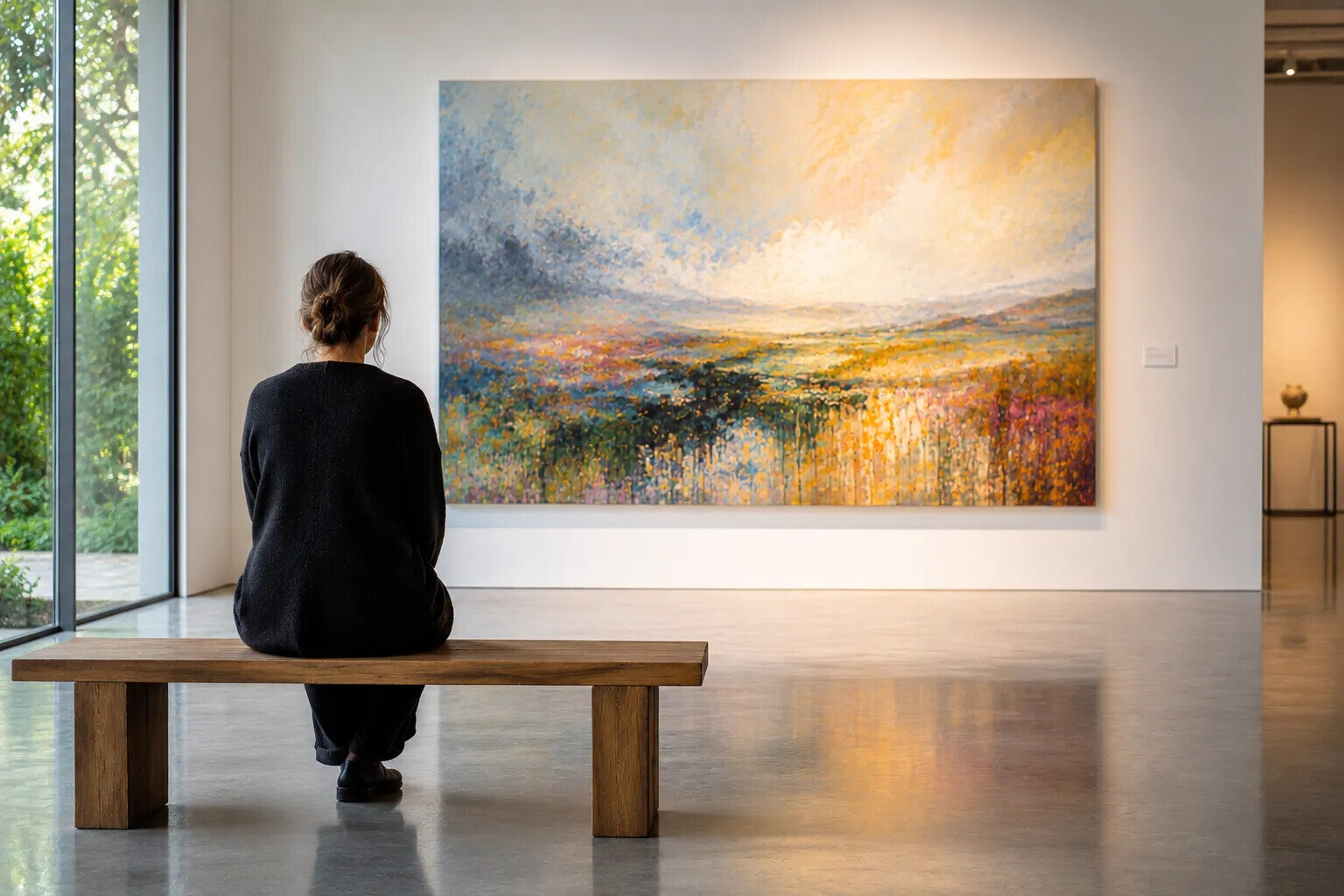Solitary visitor seated in a contemporary gallery contemplating a large abstract landscape painting, illustrating attention, reflection and slow looking in art.