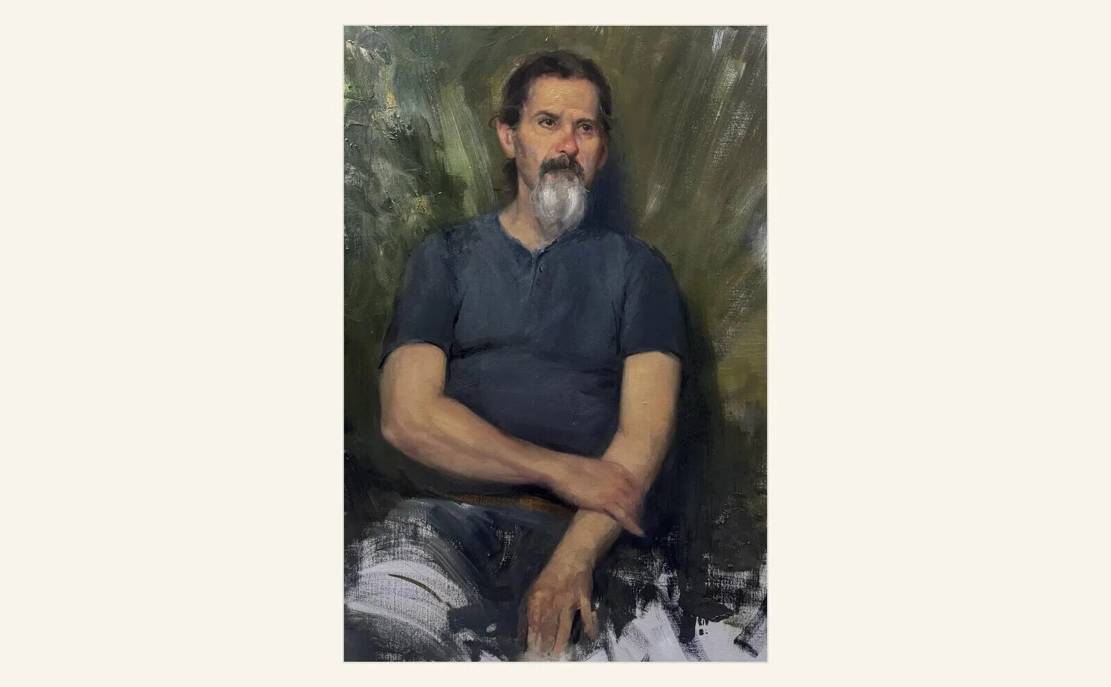 Annam Butt, Jose, 2025, a painted portrait of a seated bearded man created within an environmentally conscious studio practice.