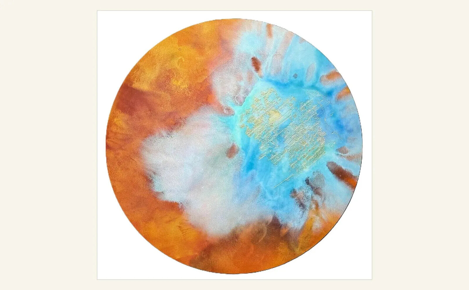 Circular blue, white and orange painting by John Sabraw.