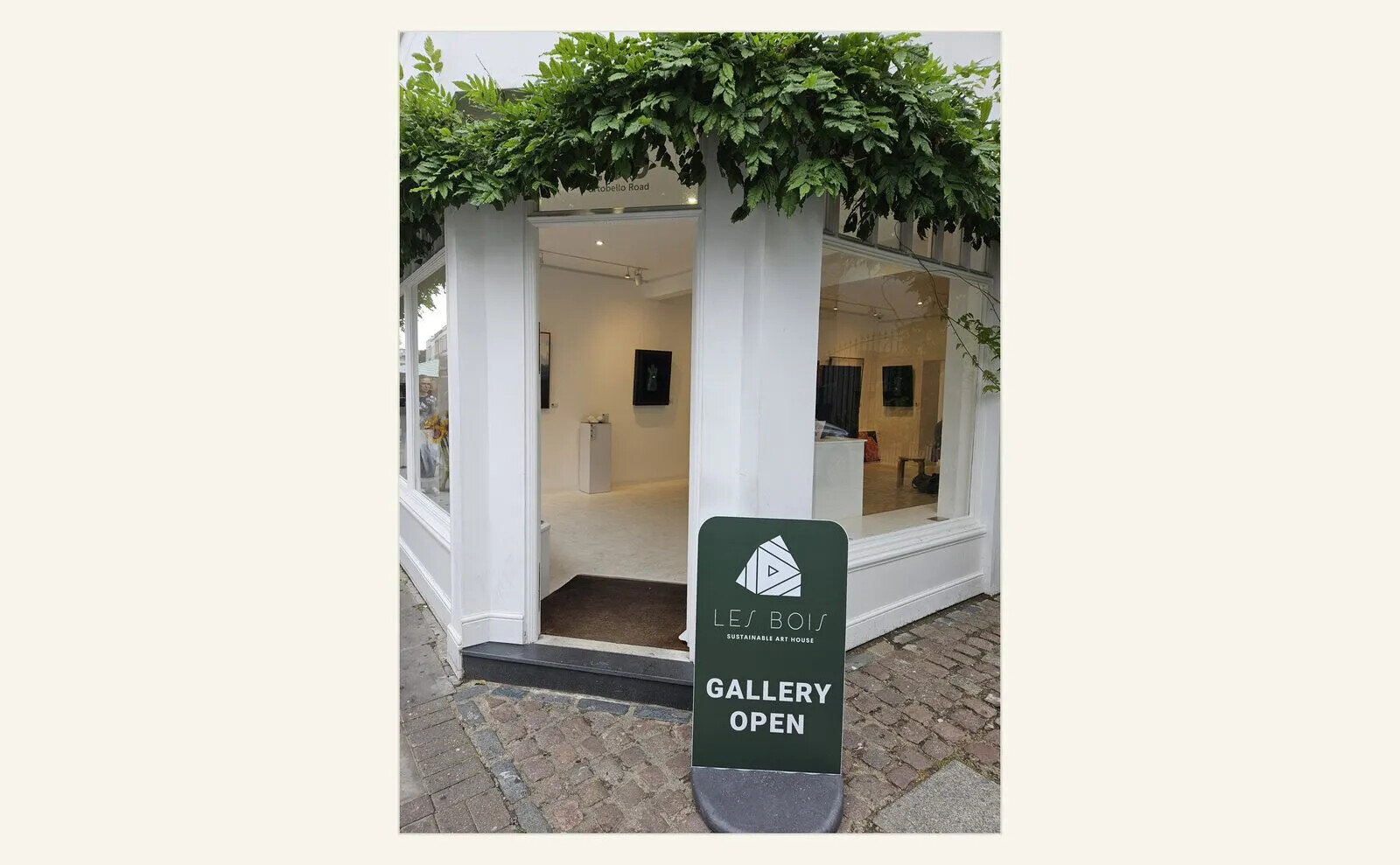 Exterior of a temporary exhibition space in Notting Hill, July 2025.