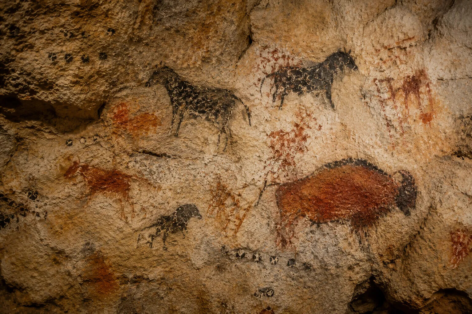 Prehistoric cave wall featuring ancient animal paintings and mineral pigment markings, illustrating the earliest known artistic use of earth-derived materials.