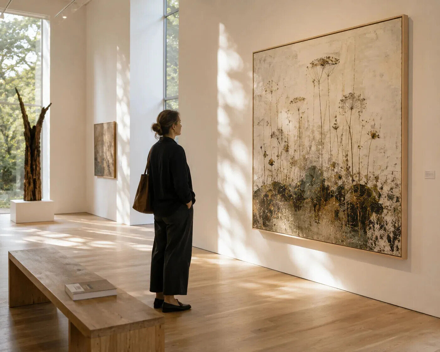 Solitary visitor quietly contemplating a contemporary painting in a bright, light-filled gallery, illustrating slow looking and the importance of attention in art.